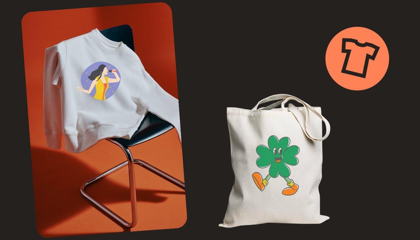 graphic of a female singer on sweatshirt and a shamrock design on tote bag